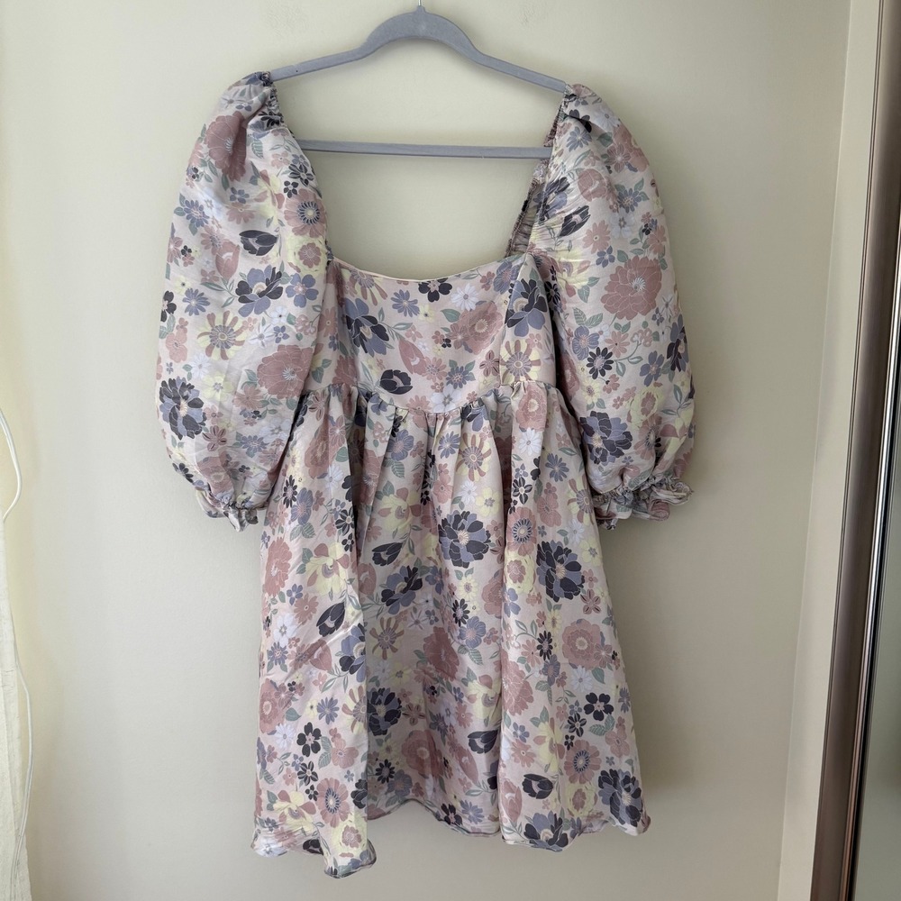 Storia Floral Puff Sleeve Mini Dress Pink Purple Metallic Babydoll JD2443AG M